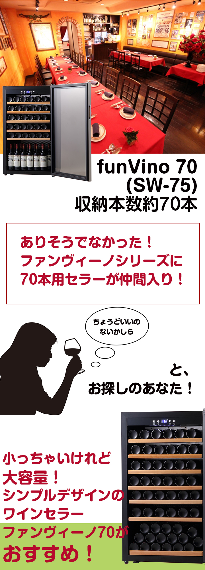 ファンヴィーノ70(SW-75)ワインセラー【最大収納本数70本】 R(右ヒンジ左取手) | Guvi Wine